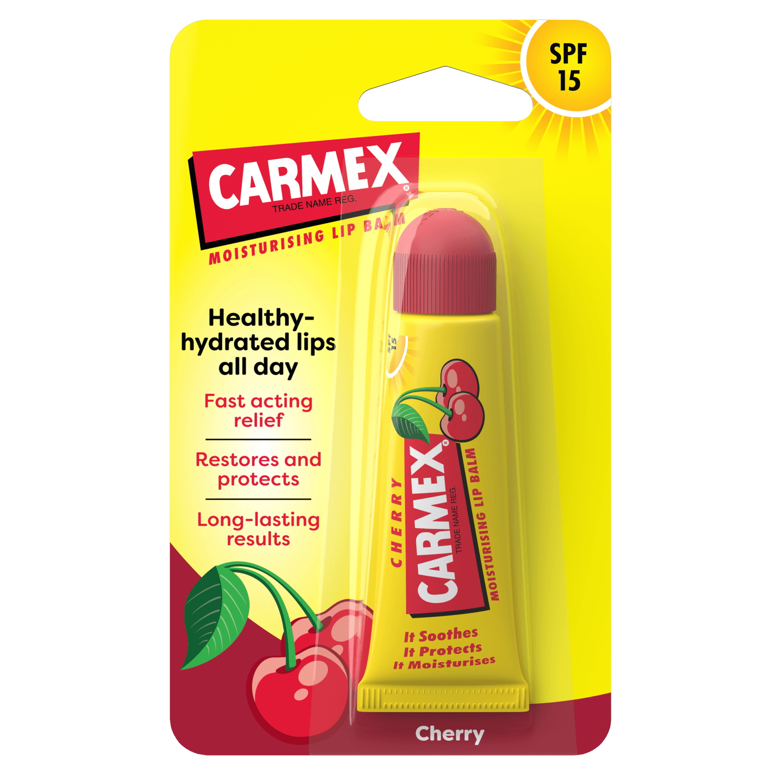 Carmex CARMEX Ajakápoló tubusos, Cseresznyés, SPF 15 a csomagolásában