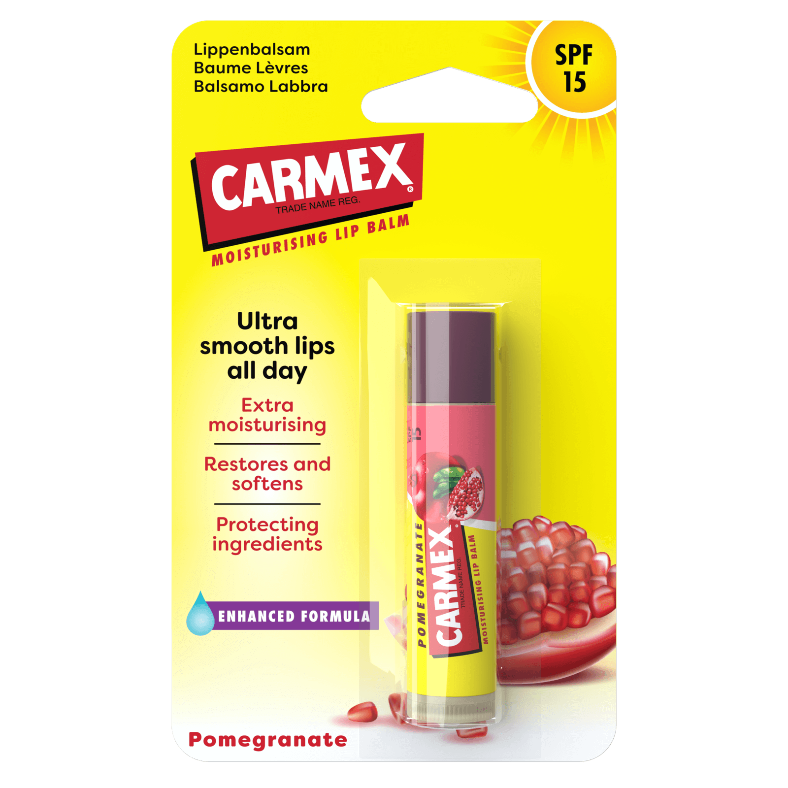 Carmex CARMEX Ajakápoló stift, Gránátalmás, SPF 15 a csomagolásában