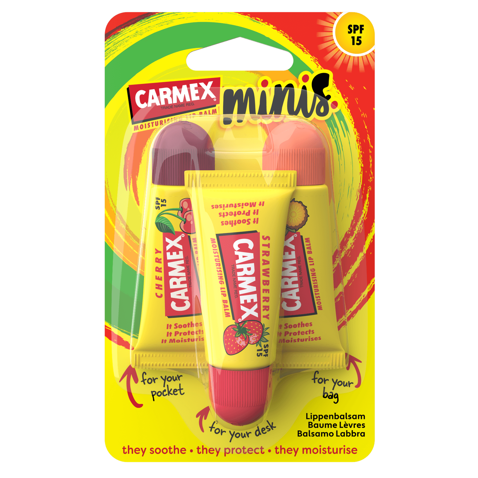 Carmex CARMEX Mini Pack (Eper, Cseresznye, Ananász-Menta) SPF 15 a csomagolásában
