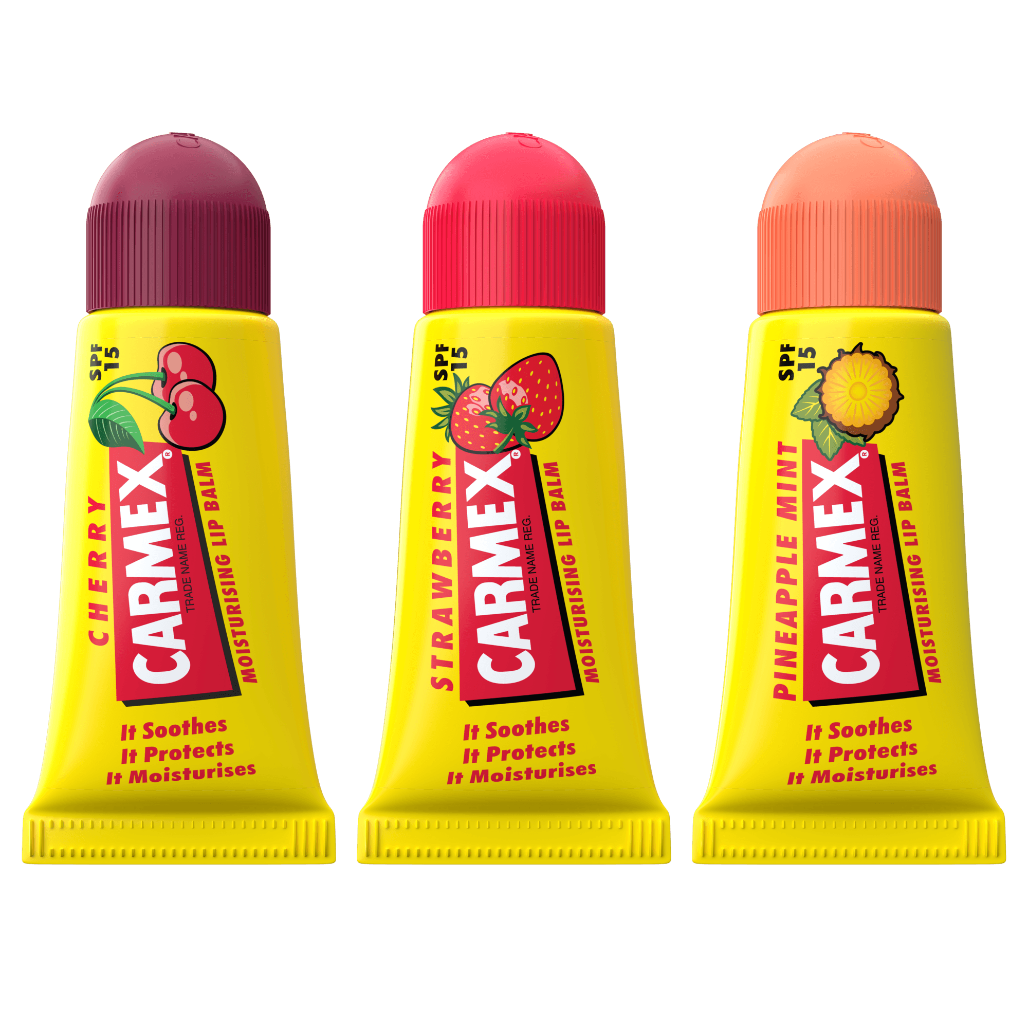 Carmex CARMEX Mini Pack (Eper, Cseresznye, Ananász-Menta) SPF 15, a termék csomagolás nélkül