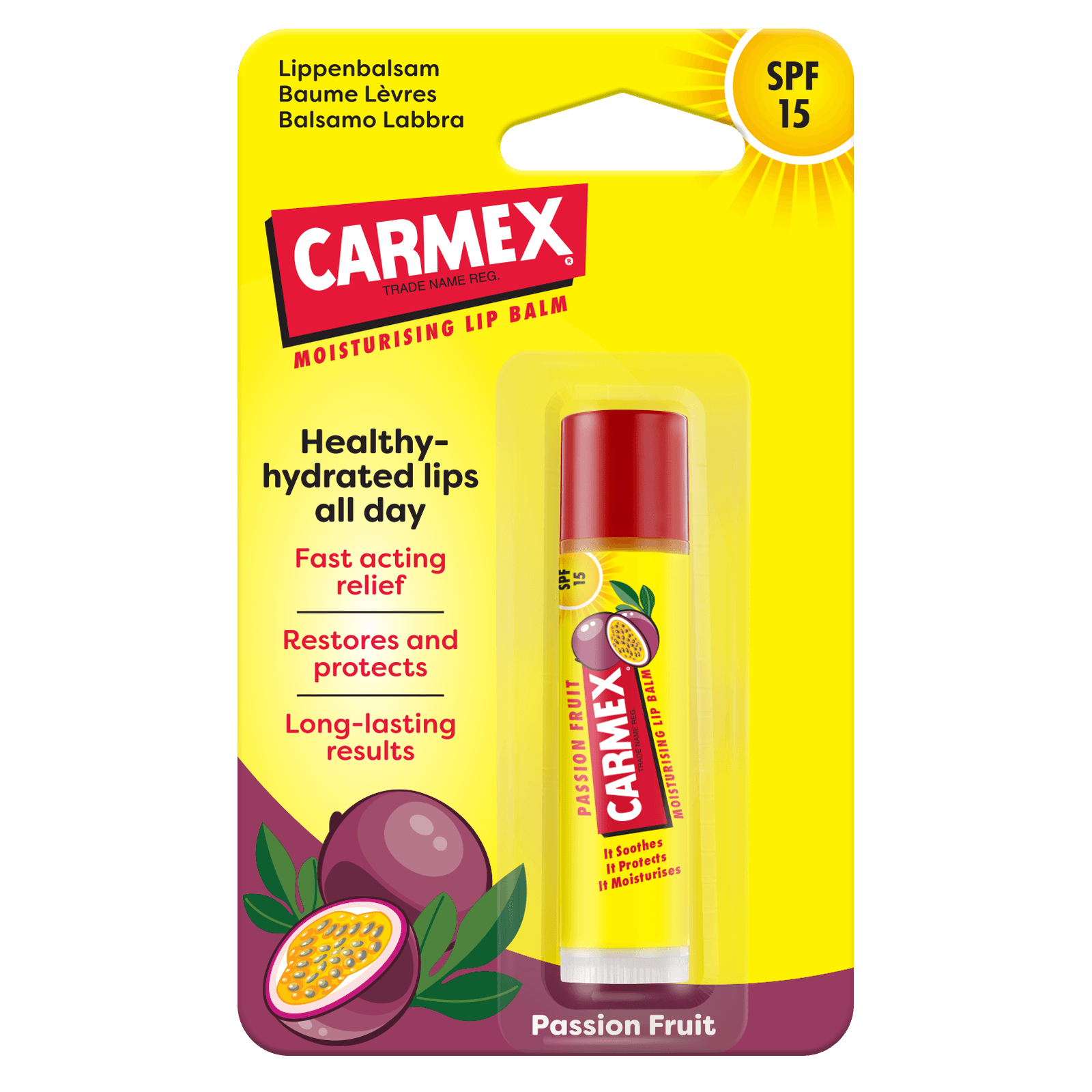 Carmex CARMEX Ajakápoló stift, Maracujás, SPF 15 a csomagolásában